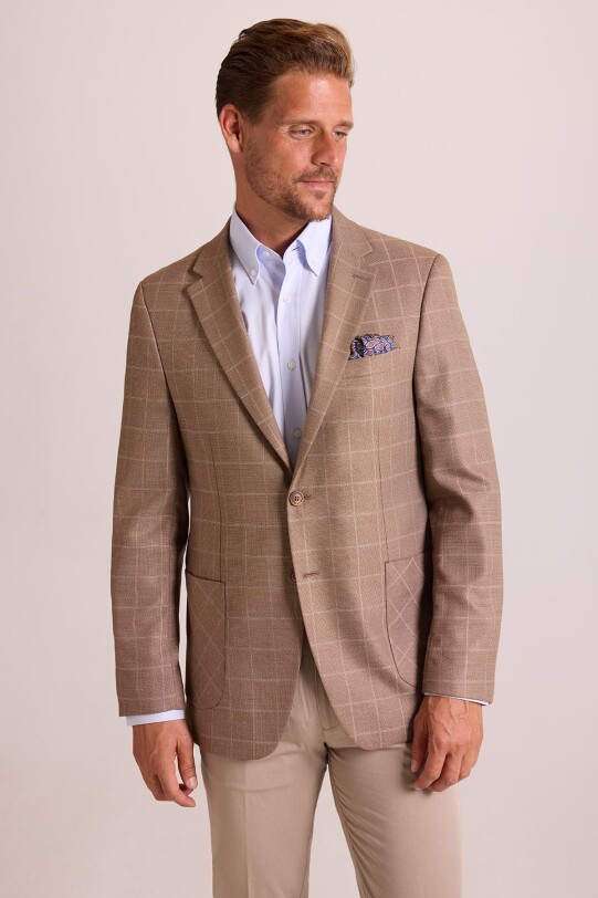 Erkek Kahve Bej Keten Ekose Klasik Ceket