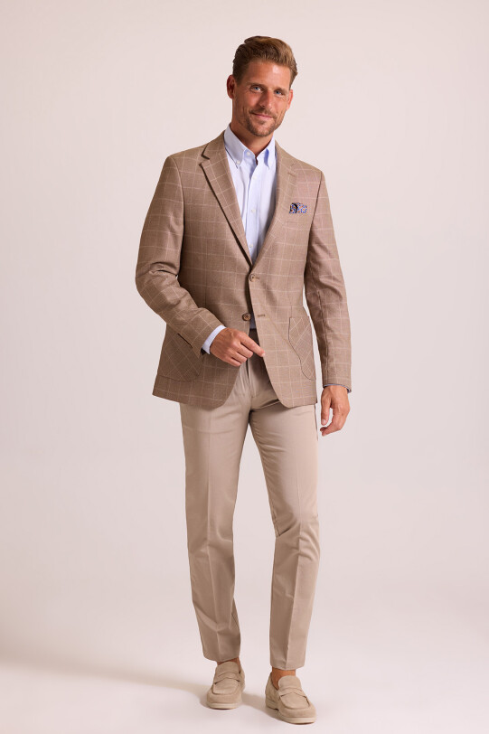 Erkek Kahve Bej Keten Ekose Klasik Ceket