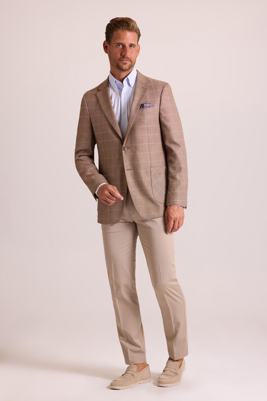Erkek Kahve Bej Keten Ekose Klasik Ceket