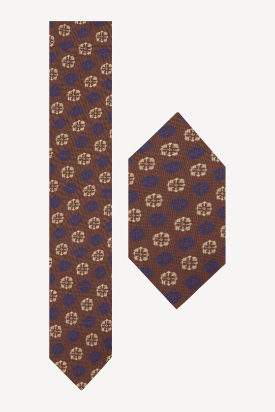 Erkek Kahve Vizon Çiçek Desenli Kravat Mendil Set - YSF