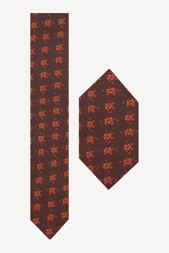 Erkek Kahverengi Çiçek Desenli Kravat Mendil Set - YSF