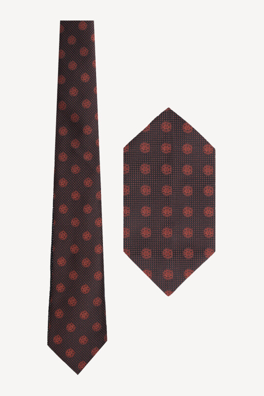 Erkek Kahverengi Desenli Kravat Mendil Set - YSF