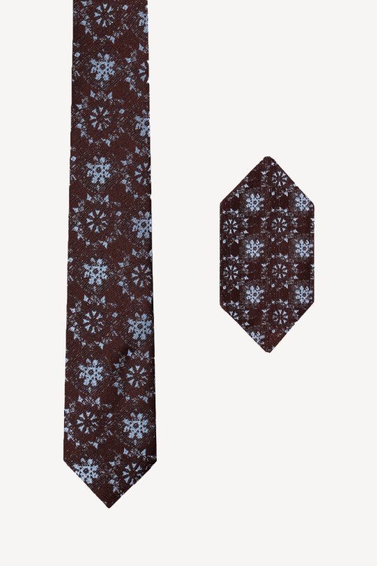 Erkek Kahverengi Kar Desenli Kravat Mendil Set - YSF