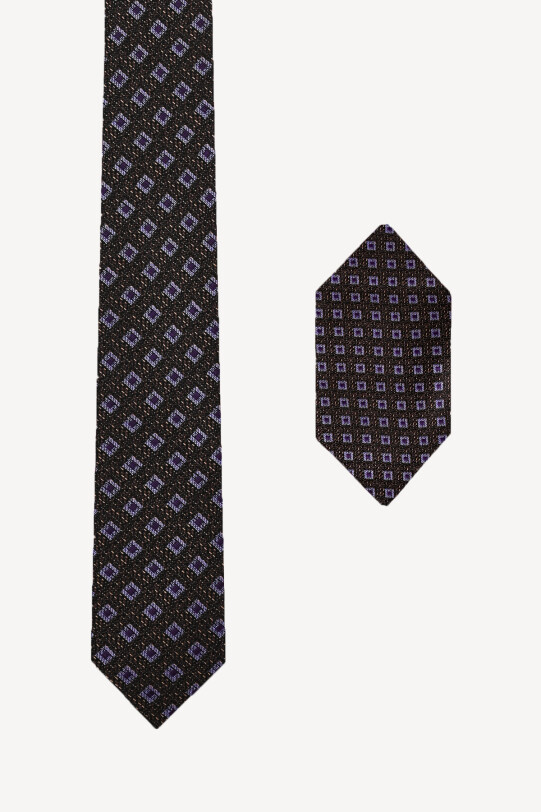 Erkek Kahverengi Kare Desenli Kravat Mendil Set - YSF