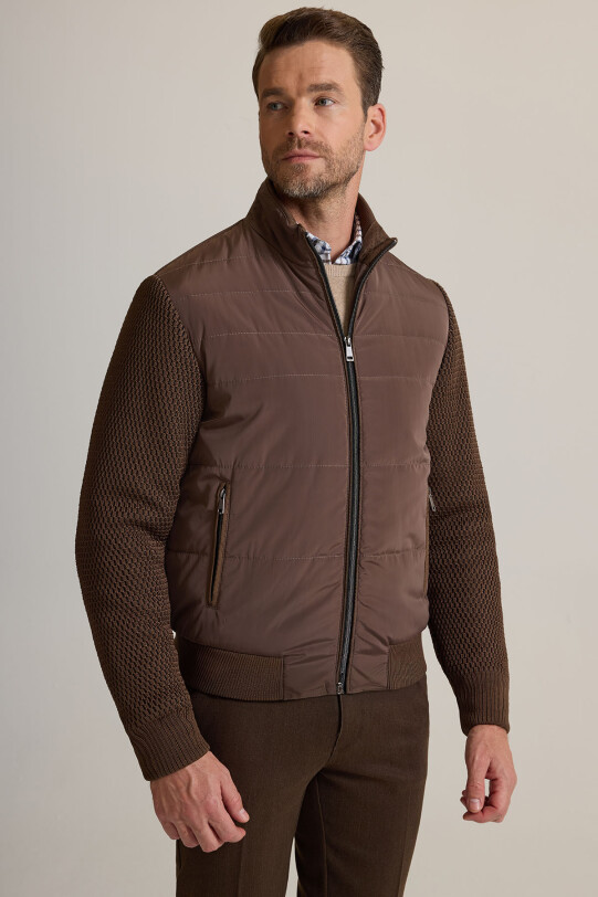 Erkek Kahverengi Klasik Desenli Triko Kol Spor Mont