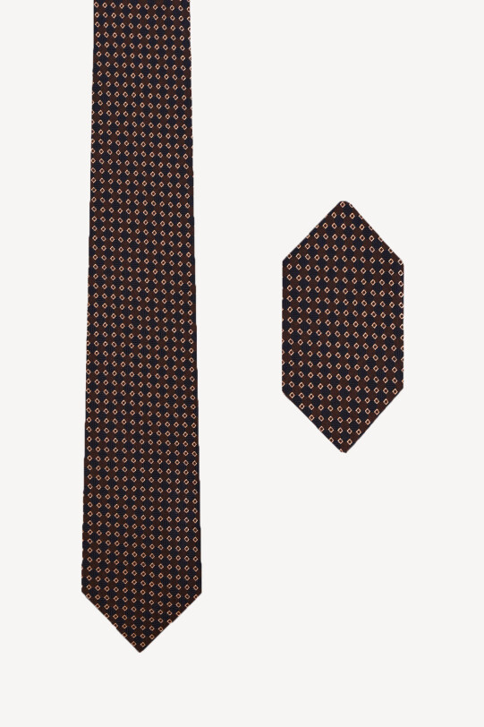 Erkek Kahverengi Kravat Mendil Set - YSF