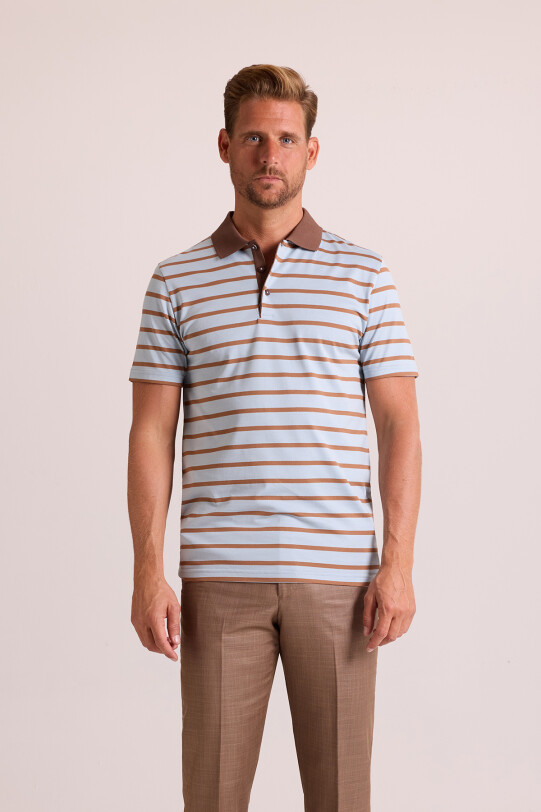 Erkek Kahverengi Lacivert Polo Yaka Çizgili T-Shirt