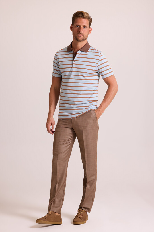 Erkek Kahverengi Lacivert Polo Yaka Çizgili T-Shirt