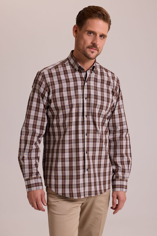 Erkek Kahverengi Oversize Düğmeli Yaka Kareli Gömlek