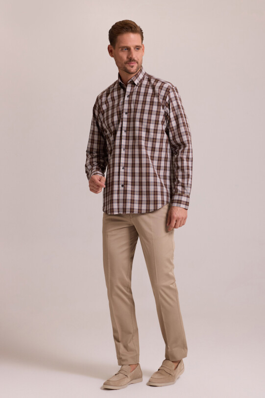 Erkek Kahverengi Oversize Düğmeli Yaka Kareli Gömlek