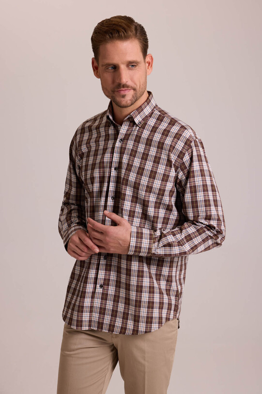 Erkek Kahverengi Oversize Düğmeli Yaka Kareli Gömlek