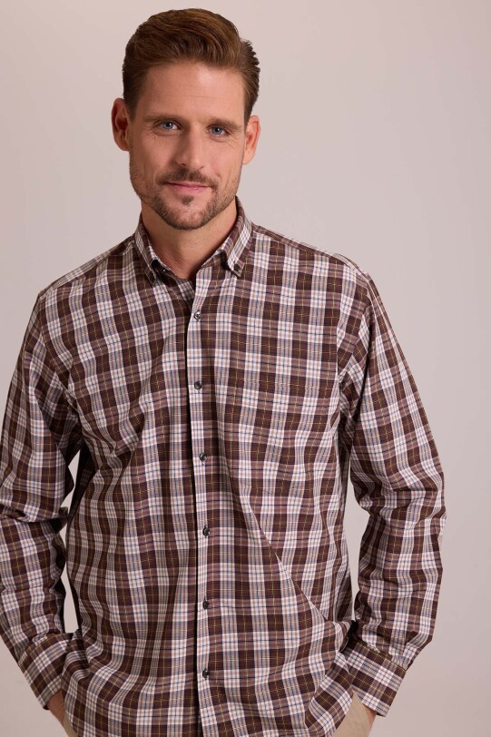Erkek Kahverengi Oversize Düğmeli Yaka Kareli Gömlek