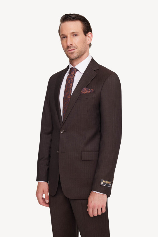 Erkek Kahverengi Regular Fit Çizgili Takım Elbise