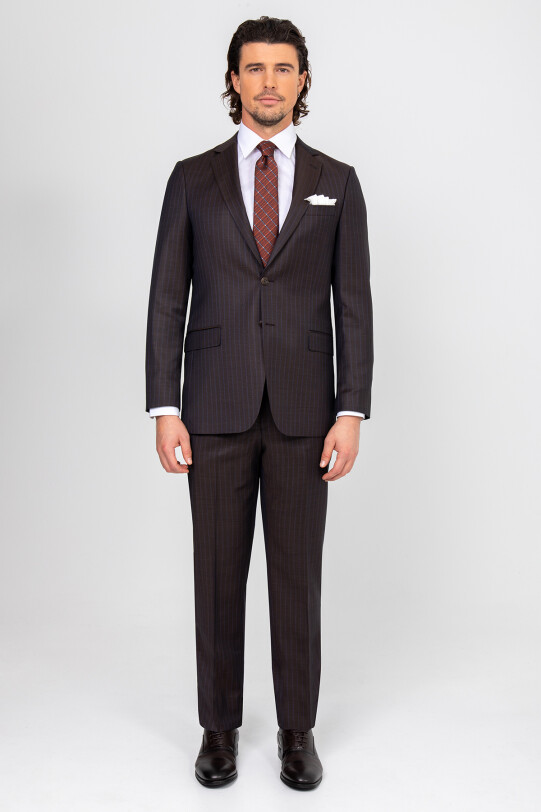 Erkek Kahverengi Regular Fit Çizgili Takım Elbise