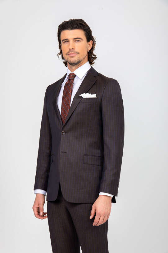 Erkek Kahverengi Regular Fit Çizgili Takım Elbise