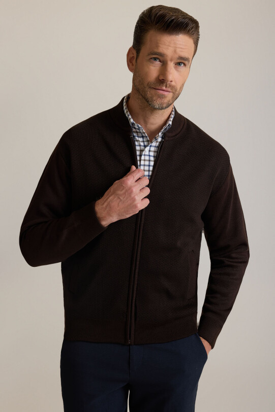 Erkek Kahverengi Regular Fit Desenli Triko Hırka