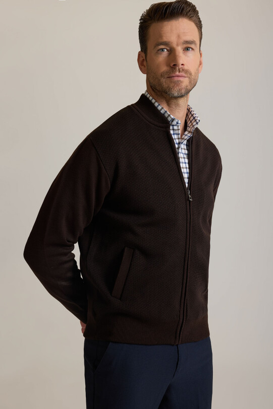 Erkek Kahverengi Regular Fit Desenli Triko Hırka