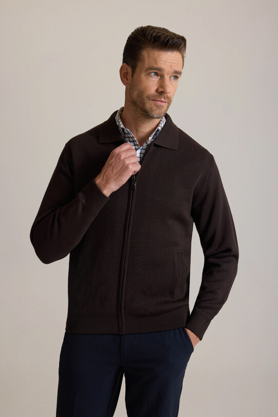 Erkek Kahverengi Regular Fit İçi Astarlı Fermuarlı Triko Hırka