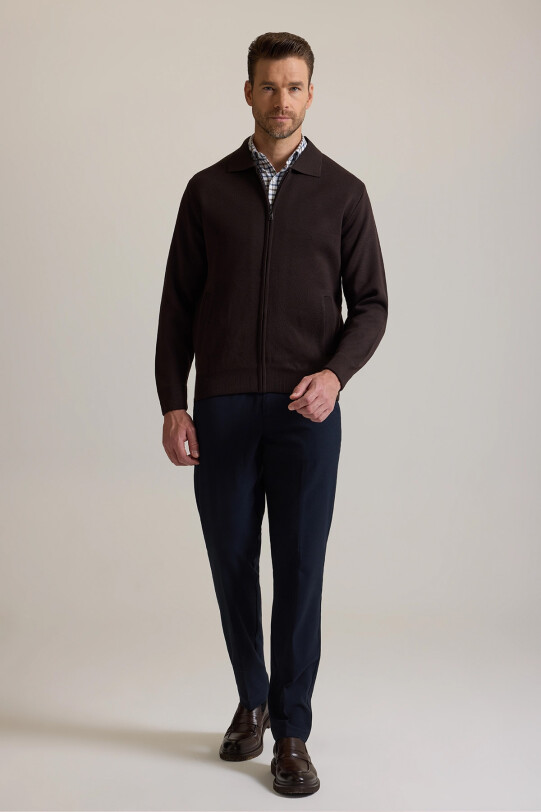 Erkek Kahverengi Regular Fit İçi Astarlı Fermuarlı Triko Hırka