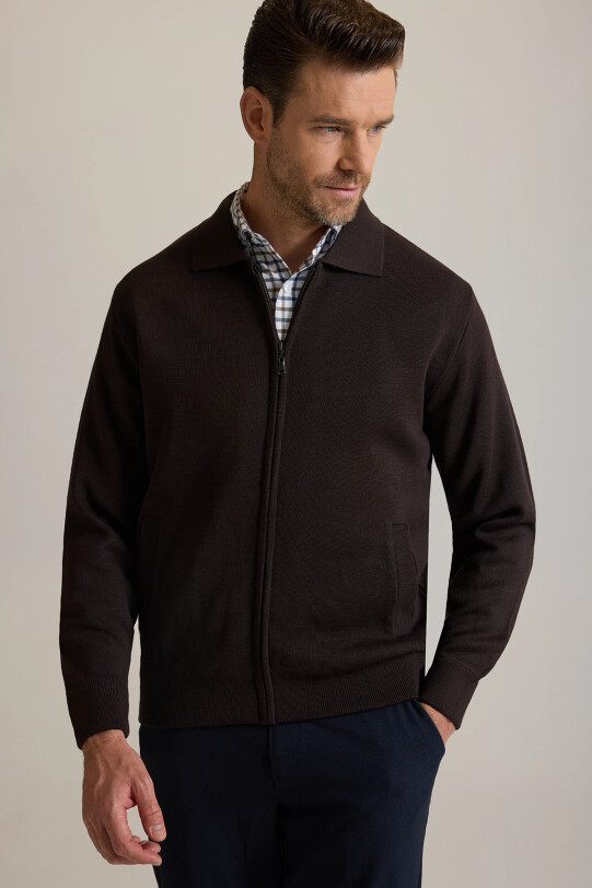 Erkek Kahverengi Regular Fit İçi Astarlı Fermuarlı Triko Hırka