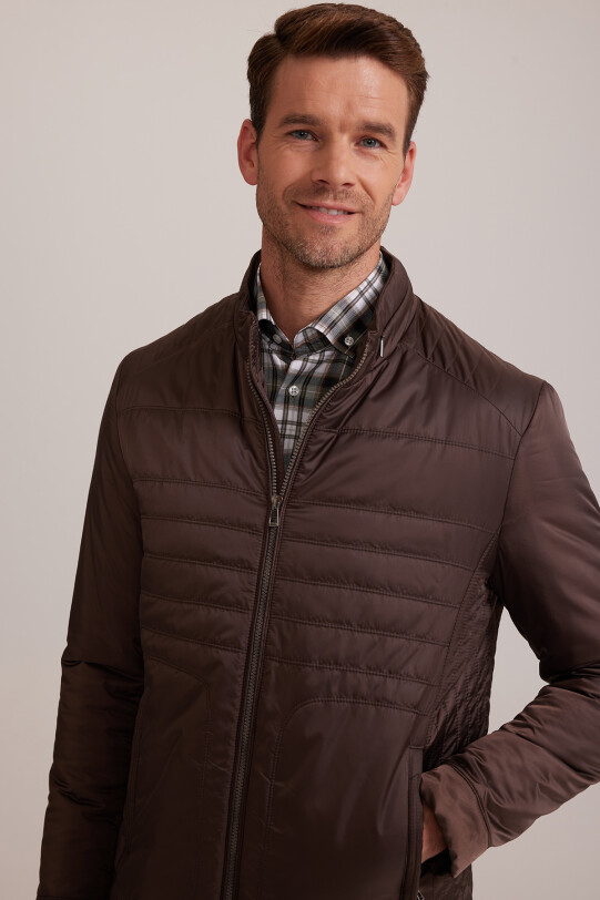 Erkek Kahverengi Regular Fit Kışlık Spor Gizli Kapüşon Mont