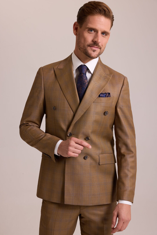Erkek Kahverengi Regular Fit Kruvaze Takım Elbise