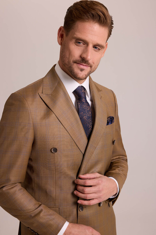 Erkek Kahverengi Regular Fit Kruvaze Takım Elbise
