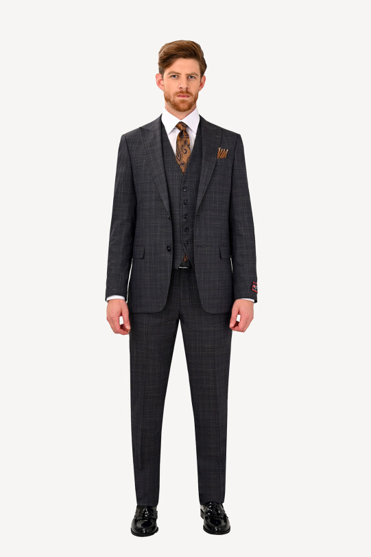 Erkek Kahverengi Regular Fit Sivri Yaka Yelekli Takım Elbise