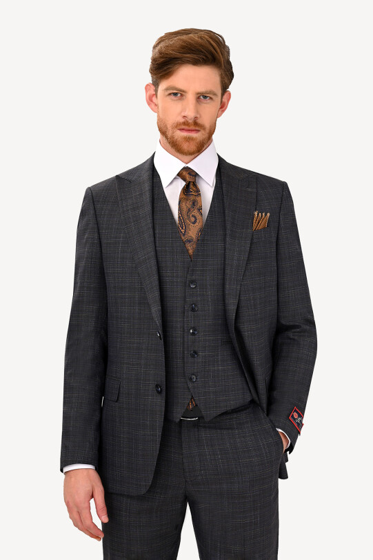 Erkek Kahverengi Regular Fit Sivri Yaka Yelekli Takım Elbise