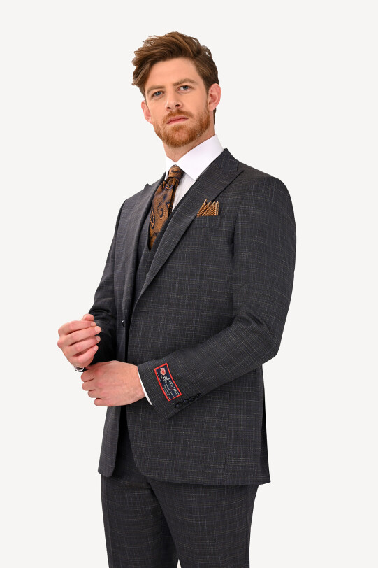 Erkek Kahverengi Regular Fit Sivri Yaka Yelekli Takım Elbise