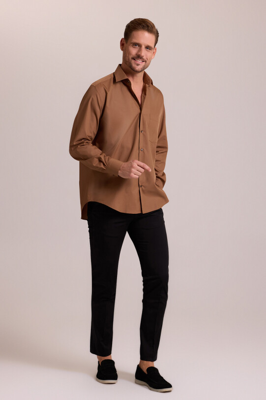 Erkek Kahverengi Uzun Kol Klasik Pamuklu Gömlek