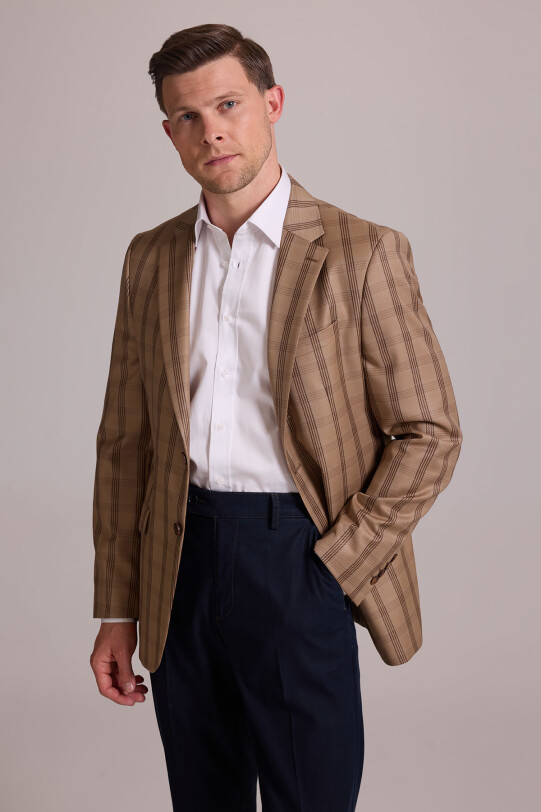Erkek Kahverengi Yünlü Kareli Klasik Ceket