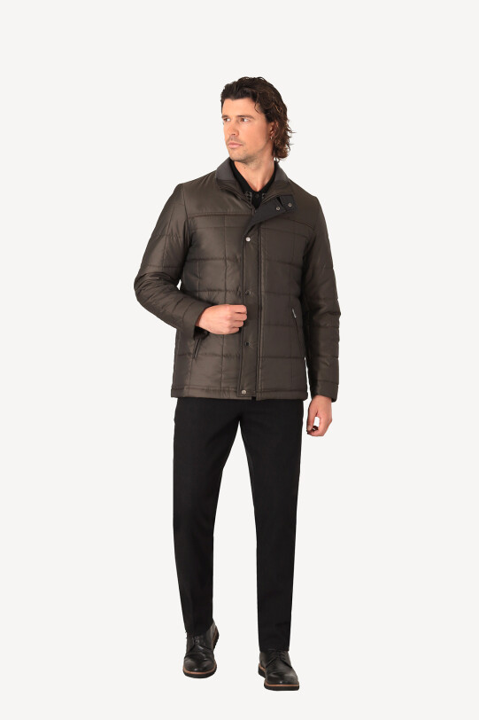 Erkek Haki Yeşil Kareli Klasik Kaban