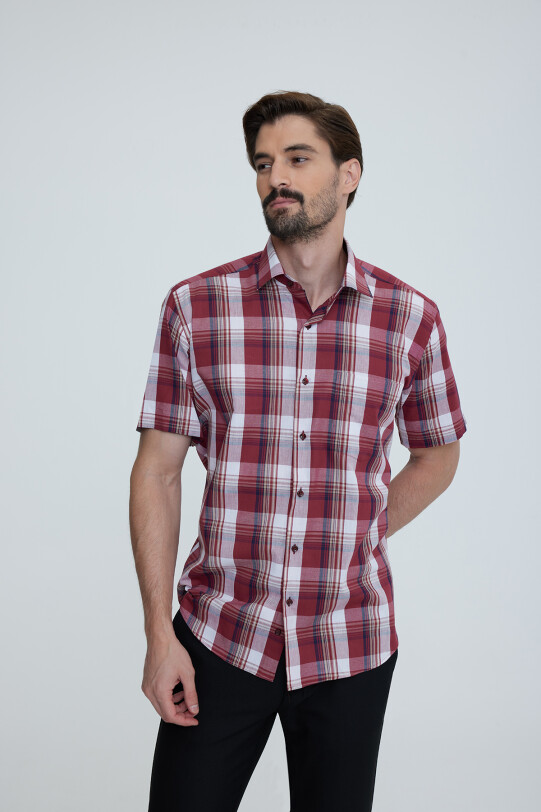 Erkek Kiremit Regular Fit Ekoseli Kısa Kol Yaka Düğmeli Gömlek