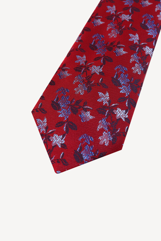 Erkek Kırmızı Çiçek Desenli Kravat Mendil Set - YSF (1)
