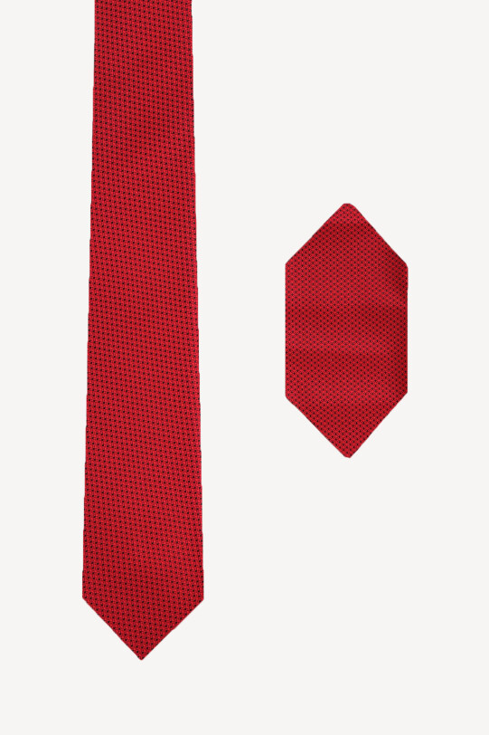 Erkek Kırmızı Nokta Desenli Kravat Mendil Set - YSF