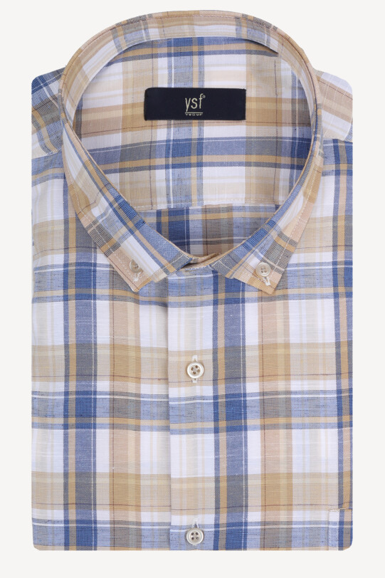 Erkek Lacivert Kısa Kol Klasik Ekose Gömlek