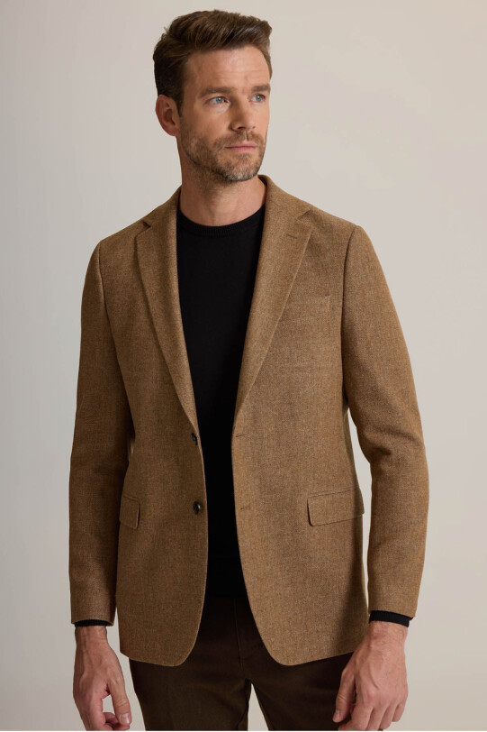 Erkek Koyu Bej Regular Fit Mono Yaka Kışlık Yünlü Ceket