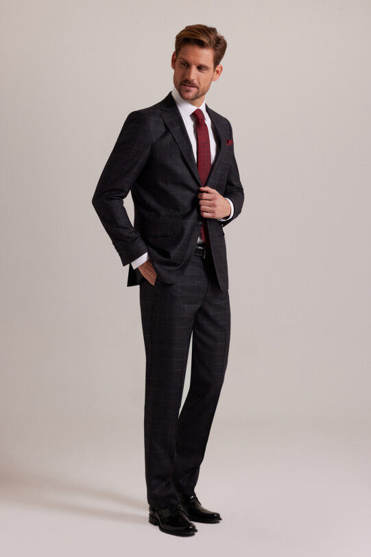 Erkek Koyu Gri Regular Fit Kareli Takım Elbise