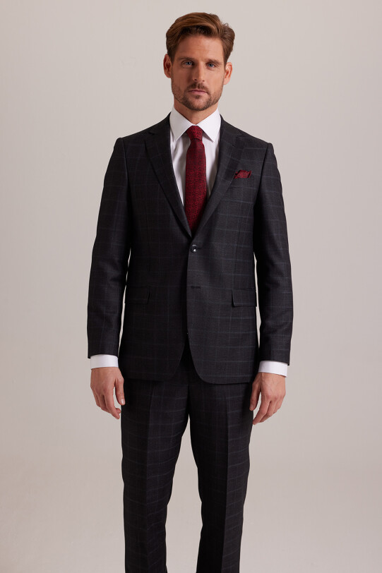 Erkek Koyu Gri Regular Fit Kareli Takım Elbise