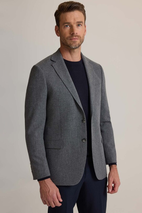 Erkek Koyu Gri Regular Fit Mono Yaka Kışlık Yünlü Ceket