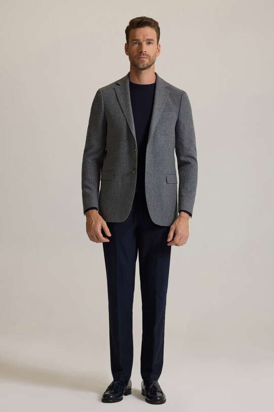 Erkek Koyu Gri Regular Fit Mono Yaka Kışlık Yünlü Ceket