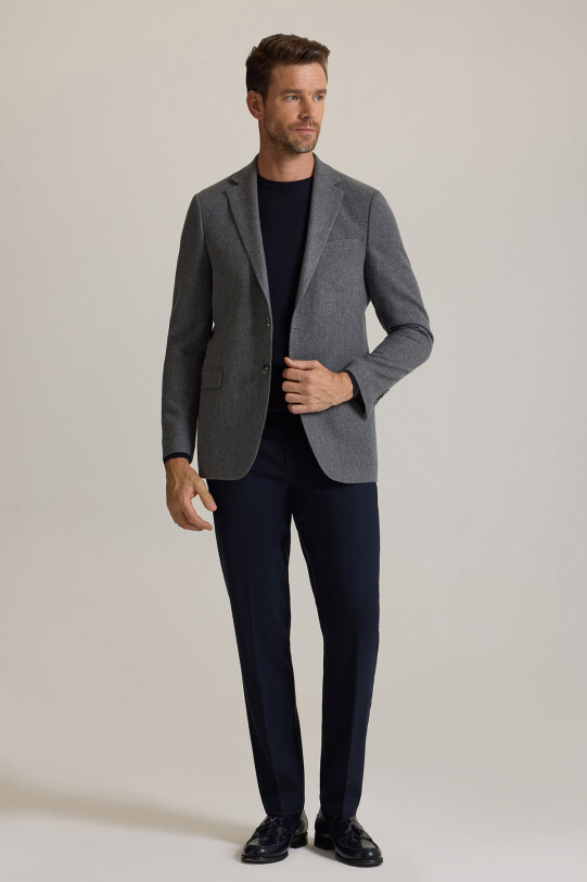 Erkek Koyu Gri Regular Fit Mono Yaka Kışlık Yünlü Ceket
