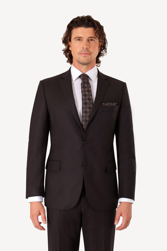 Erkek Koyu Kahverengi Regular Fit Desenli Takım Elbise