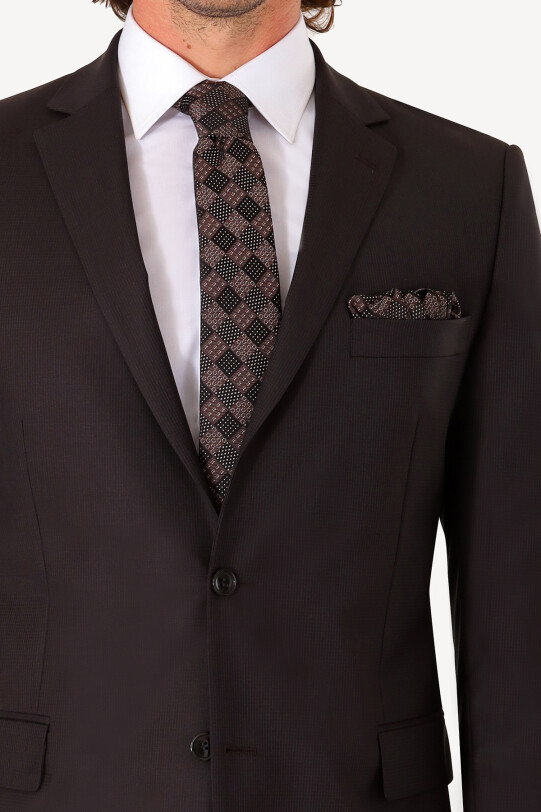 Erkek Koyu Kahverengi Regular Fit Desenli Takım Elbise