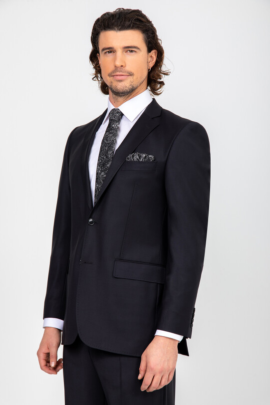 Erkek Koyu Lacivert Klasik Puntolu Takım Elbise