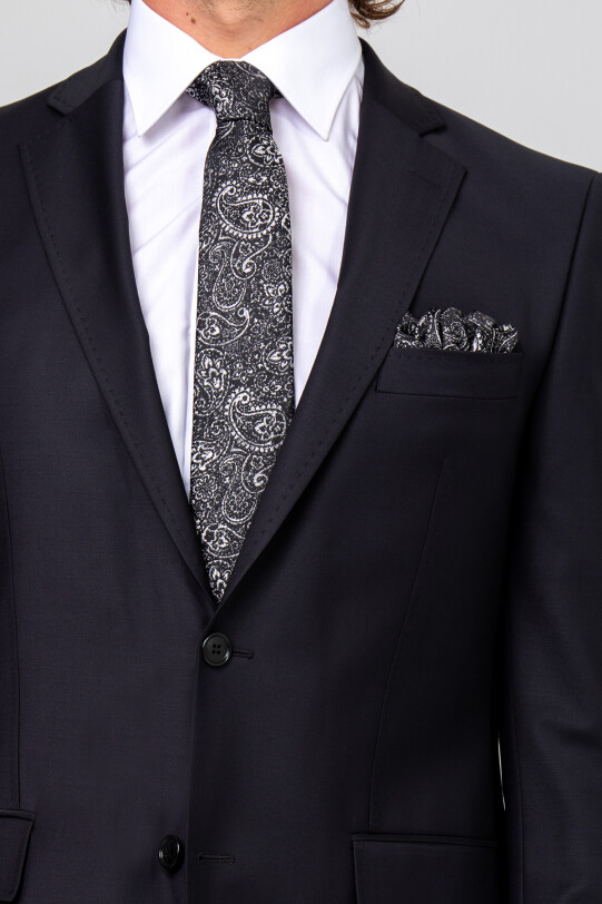 Erkek Koyu Lacivert Klasik Puntolu Takım Elbise