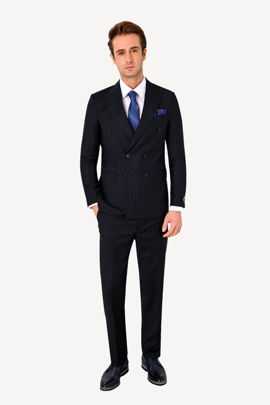 Erkek Koyu Lacivert Kruvaze Çizgili Takım Elbise