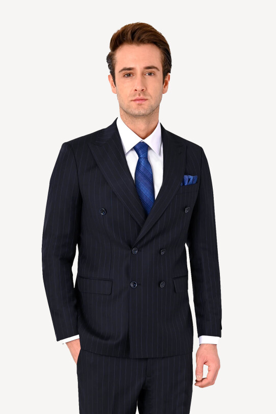 Erkek Koyu Lacivert Kruvaze Çizgili Takım Elbise