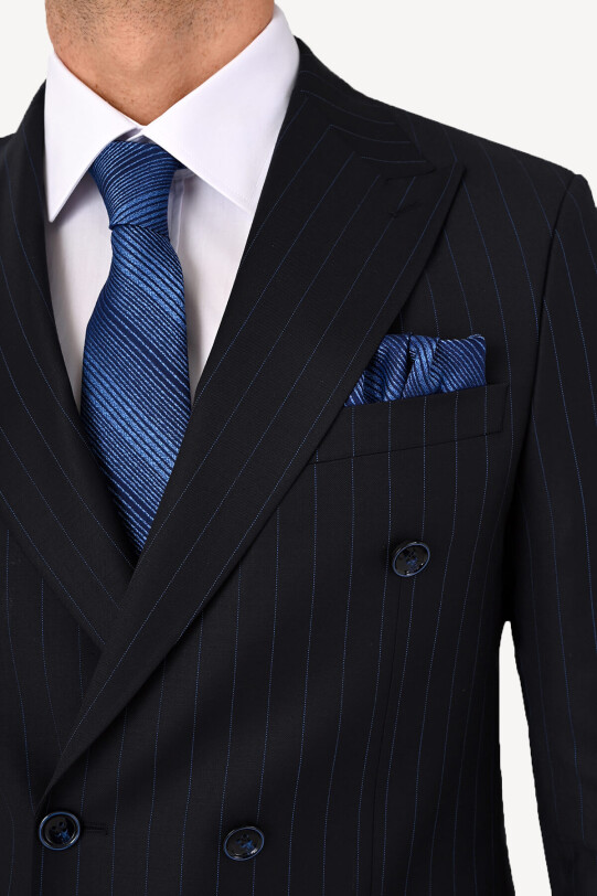 Erkek Koyu Lacivert Kruvaze Çizgili Takım Elbise